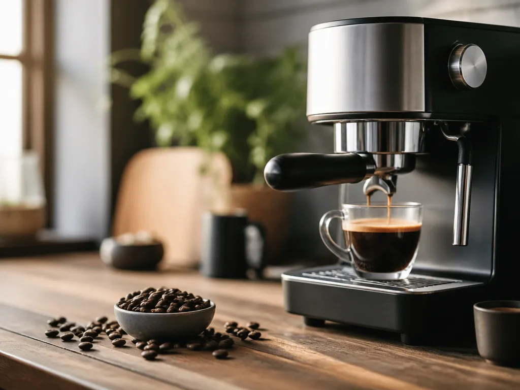 Modern espressomaskin med nybryggd kaffe och kaffebönor på ett träköksbord