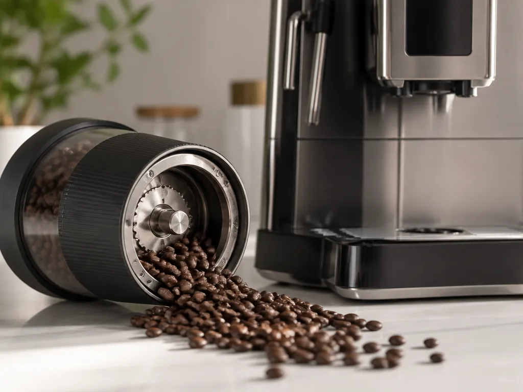 Hela kaffebönor bredvid en helautomatisk espressomaskin på ett köksbord