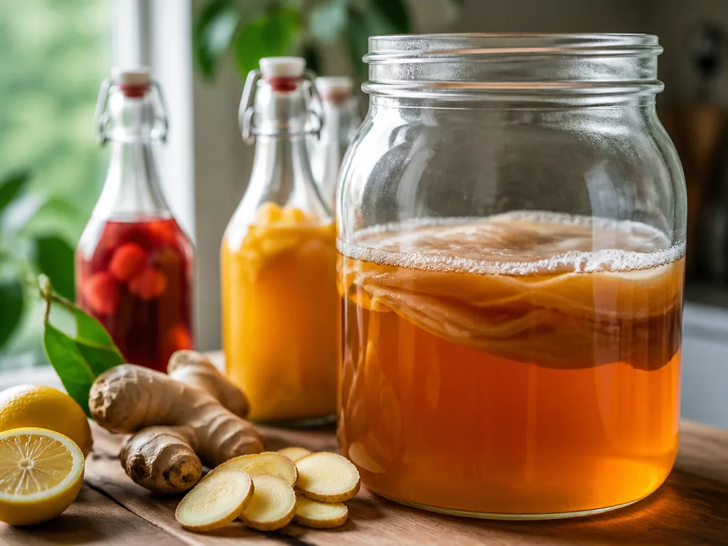 Glasburk med hemmagjord kombucha och flytande SCOBY, omgiven av flaskor med fruktsmaksättning och ingefärsskivor på ett träbord