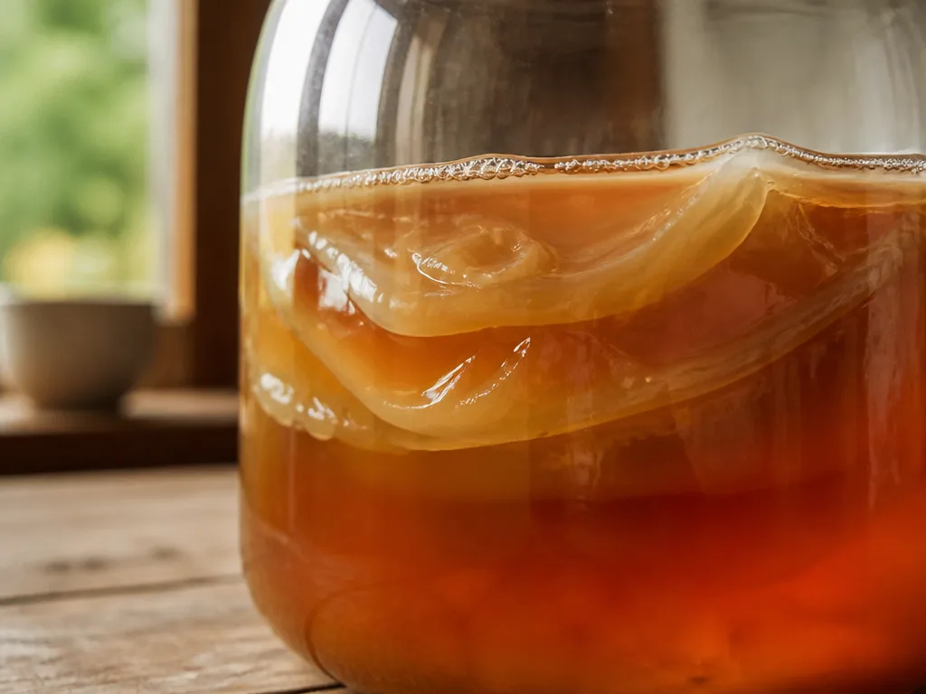 Närbild på geléaktig kombuchasvamp (SCOBY) som flödar i bärnstensfärgad fermenterad te i en stor glasburk på ett träbord