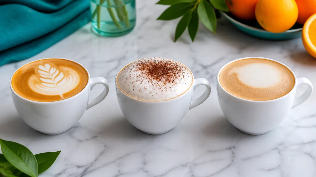 Tre koppar espressobaserade kaffedrycker: latte, cappuccino och flat white bredvid varandra