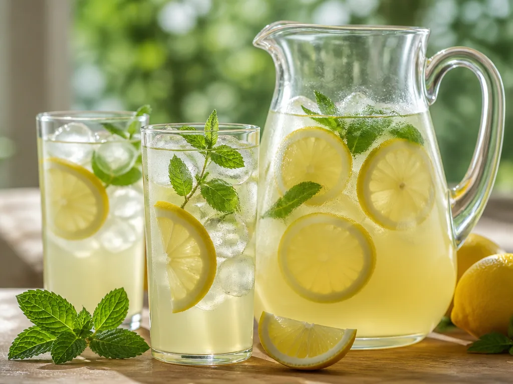 Kanna och glas med hemgjord lemonad, is, citronskivor och mynta