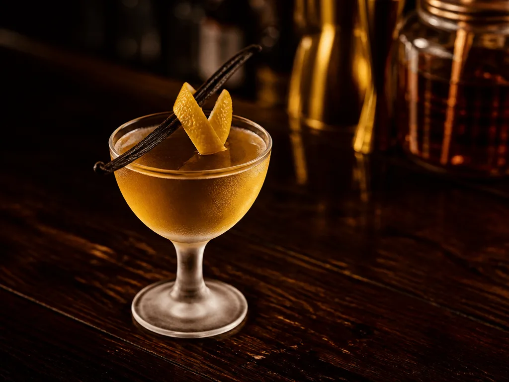 Gyllene örtlikör serverad i ett litet glas med vaniljstång och citronskal på en mörk bardisk
