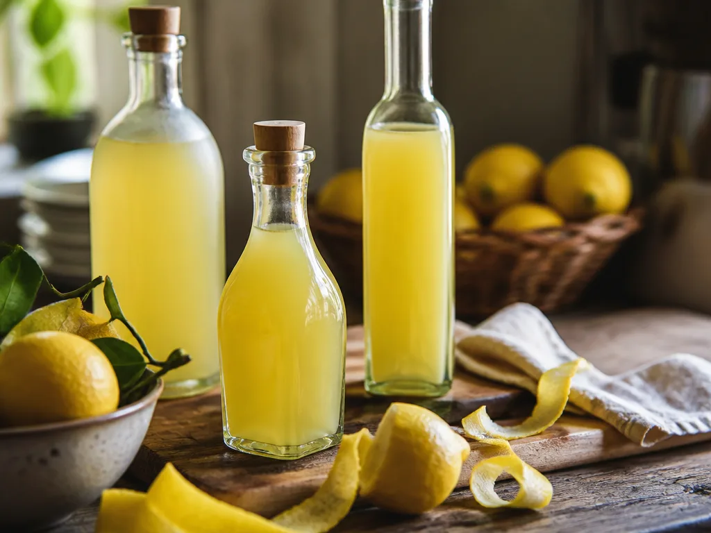Hemgjord limoncello i glasflaskor med färska citroner och citronskal på en träbänk i köket