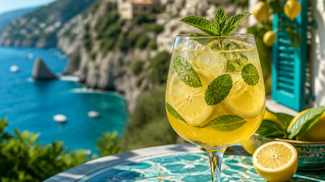 Limoncello Spritz i stort vinglas med citronskivor, mynta och is i starkt solljus