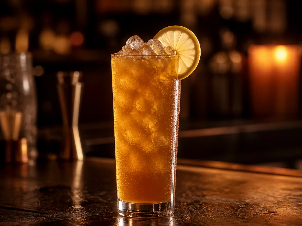 Long Island Iced Tea i högt highballglas med is och en citronskiva som garnering