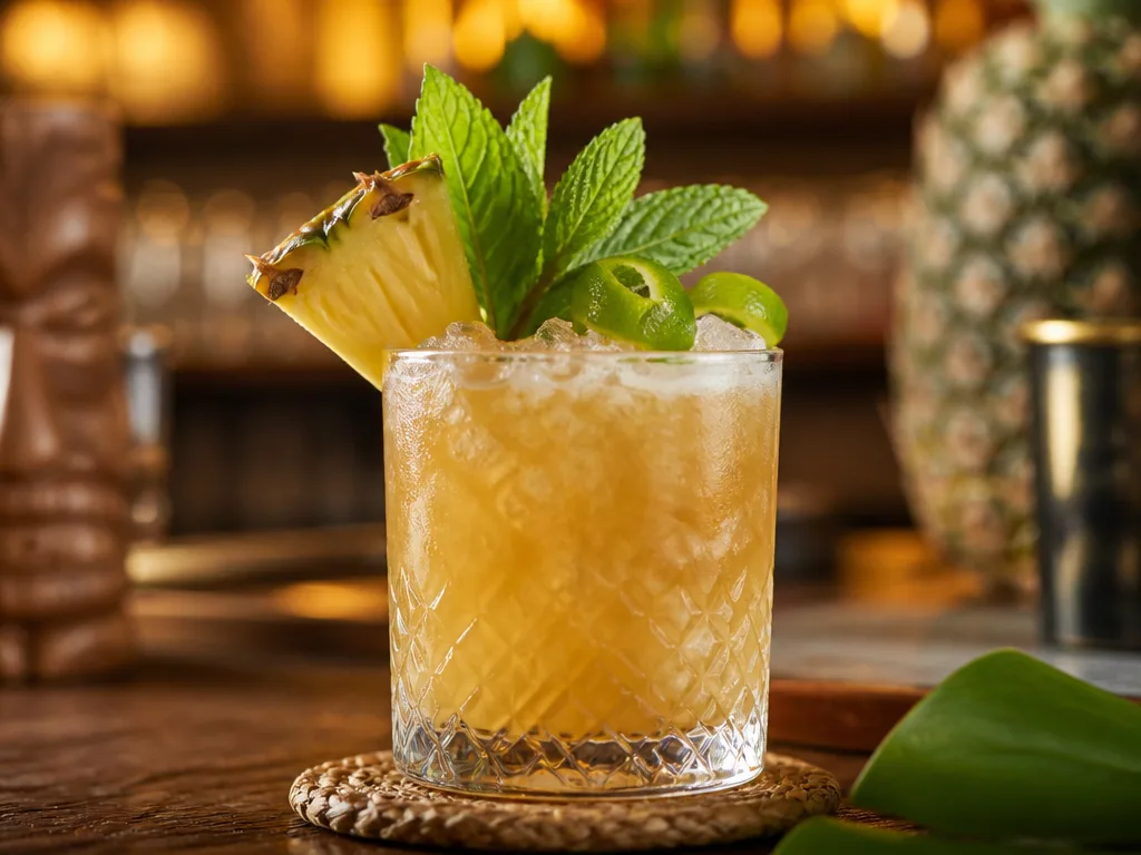 Mai tai-cocktail i rocksglas med krossad is, garnerad med ananasstav, myntablad och limeskal