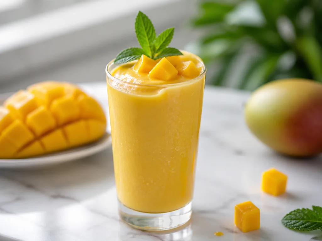 Ett högt glas med krämig mango smoothie, garnerat med färska mangokuber och myntablad på en marmoryta