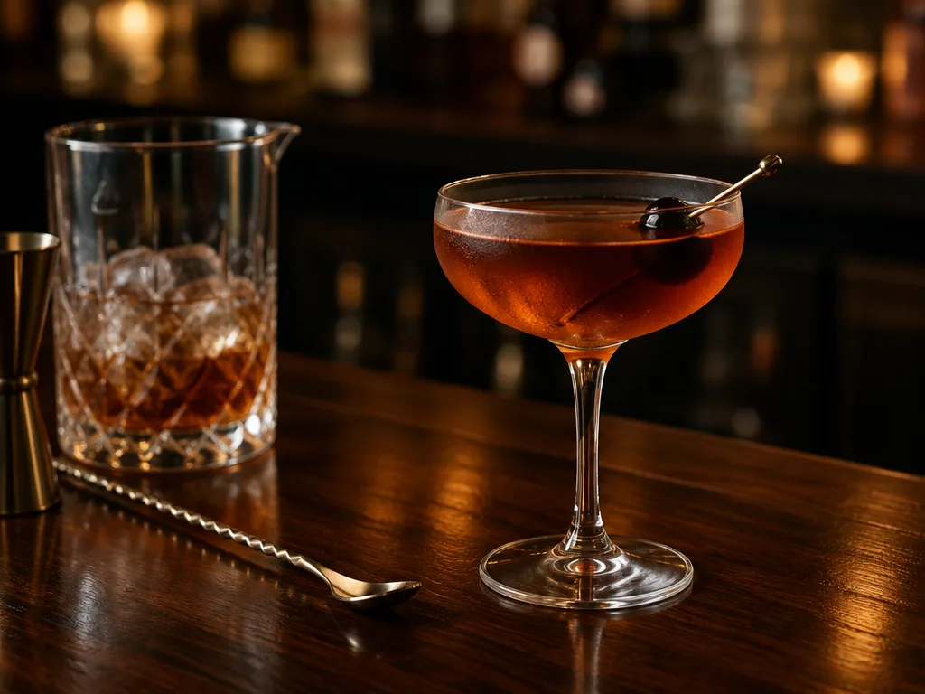 Manhattan i ett coupeglas med ett mörkt körsbär på en bardisk av trä, bredvid ett rörglas med is, barsked och jigger