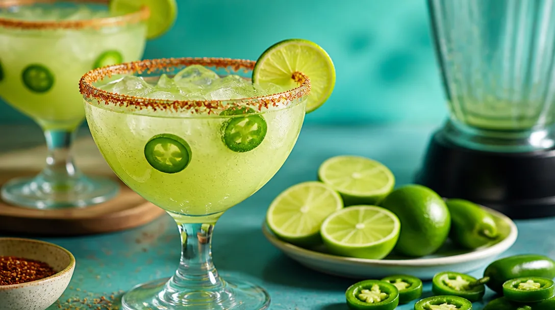 Spicy margarita i rocks glas med tajín-kant och jalapeño-garnering