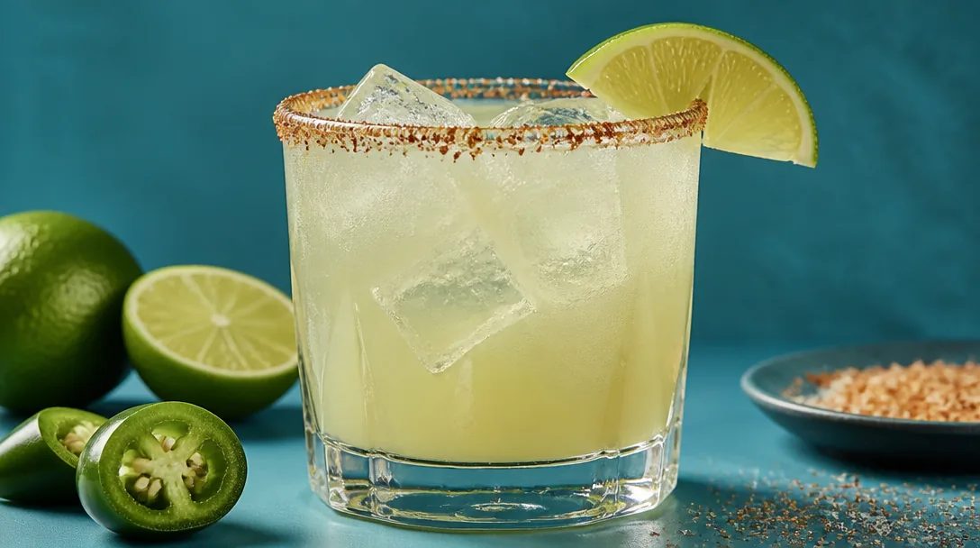Klassisk margarita i rocks glas med tajín-kant och limeklyfta