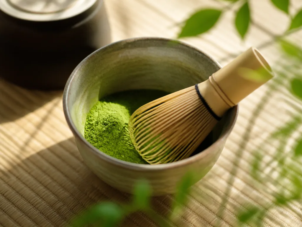 Grönt matcha pulver i keramikskål med bambuvisp och chawan