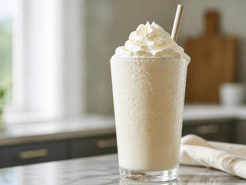 Högt glas med krämig milkshake toppad med vispad grädde, fotograferat i naturligt ljus