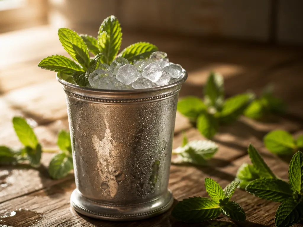 Frostig julepmugg i silver fylld med krossad is och färska myntablad på ett träbord