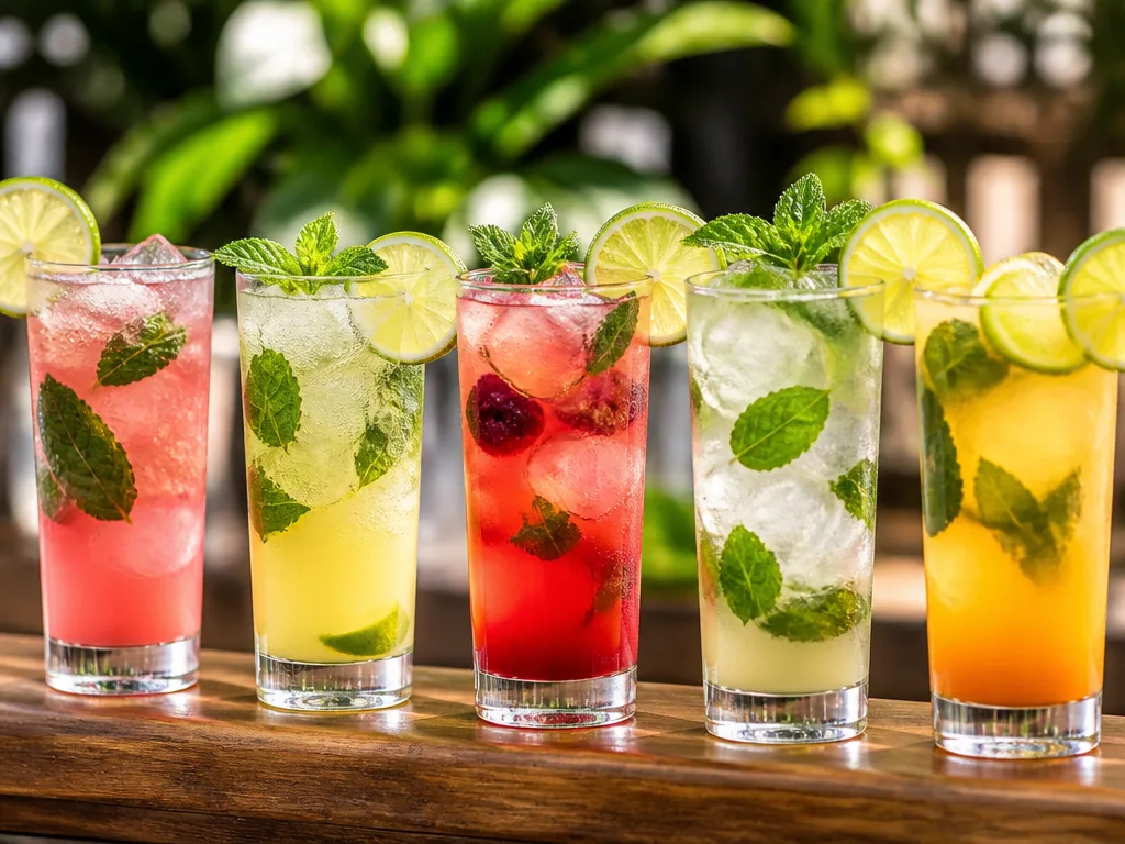 Färgglada mocktails med lime, mynta och is i klara glas