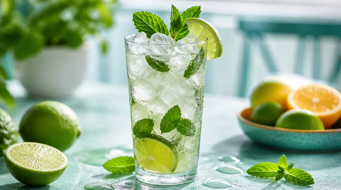 Mojito i ett högt glas med lime, färsk mynta och krossad is