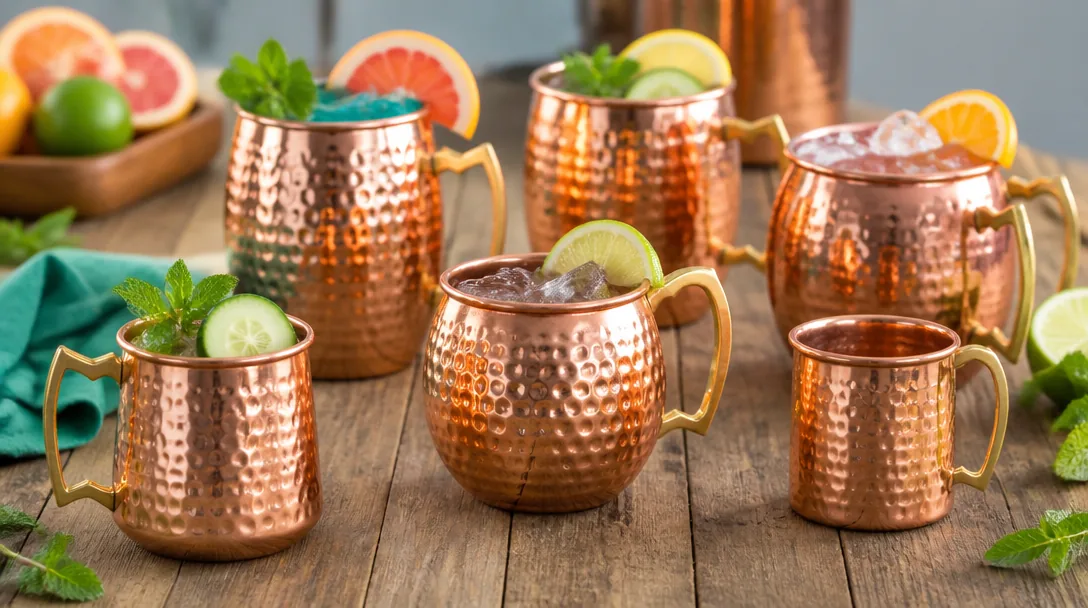 Hammrade kopparmuggar för Moscow Mule i olika storlekar