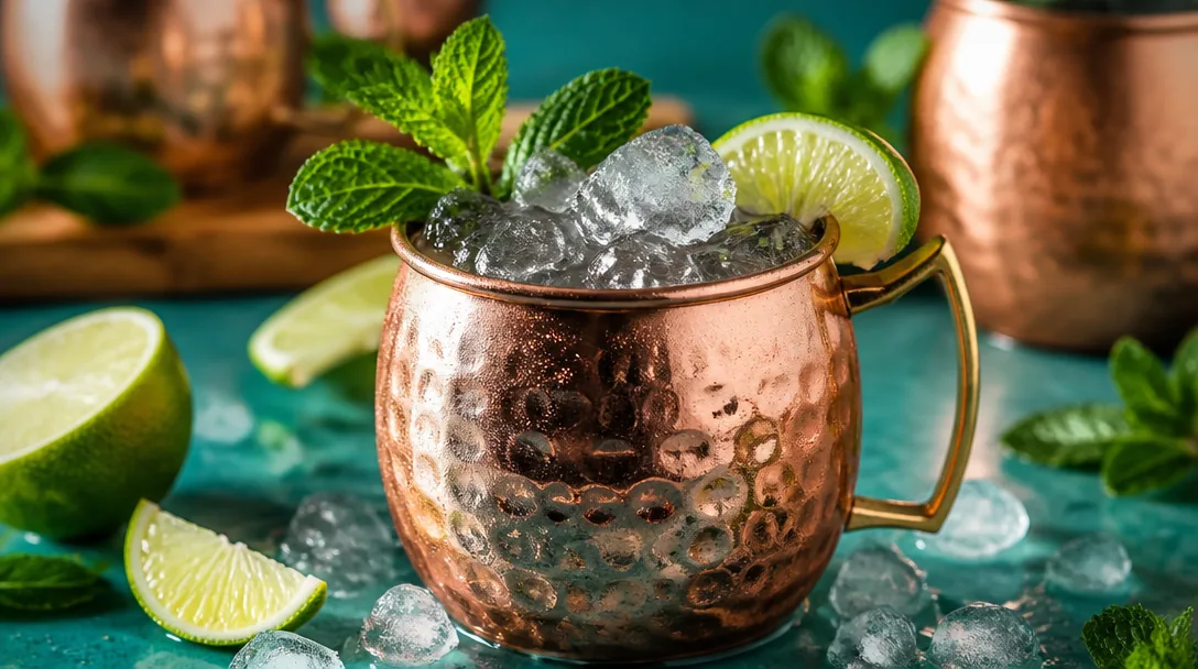 Moscow Mule i hammrad kopparmugg med limeklyfta, mynta och krossad is
