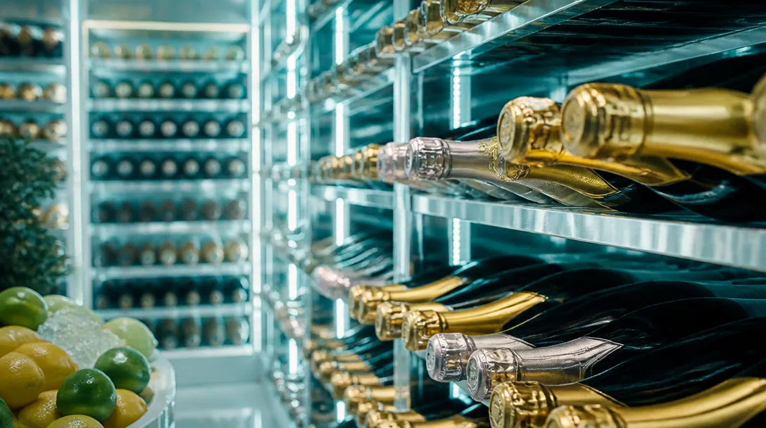 Flaskor mousserande vin på rad – cava, prosecco och champagne – i kylt vinrum