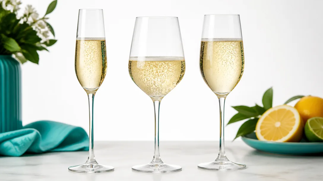 Tre glas mousserande vin – champagne, prosecco och cava – med fina bubblor mot ljus bakgrund