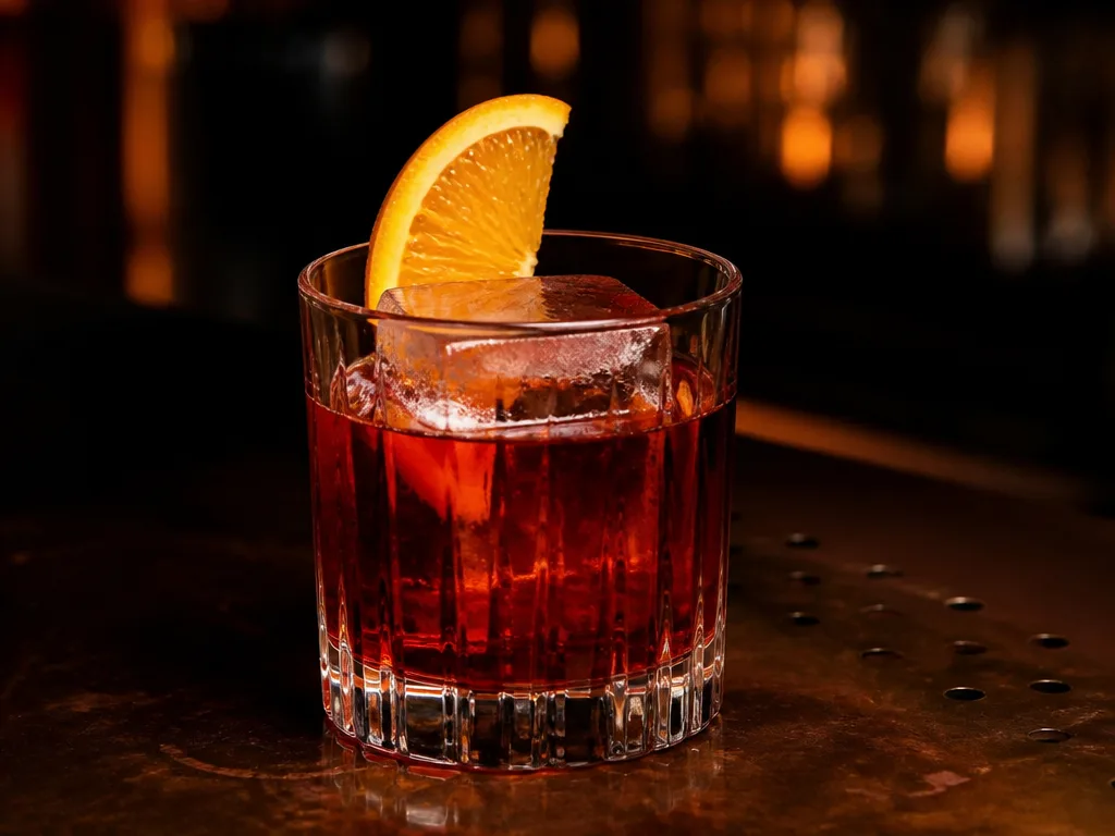Negroni i ett old fashioned-glas med stor isbit och apelsinskiva, djupröd cocktail i mörk bardmiljö