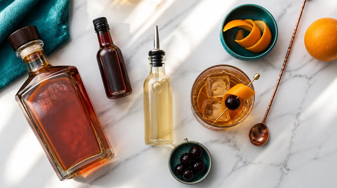 Old Fashioned cocktail i rocks glass med stor isbit och expressat apelsinskal