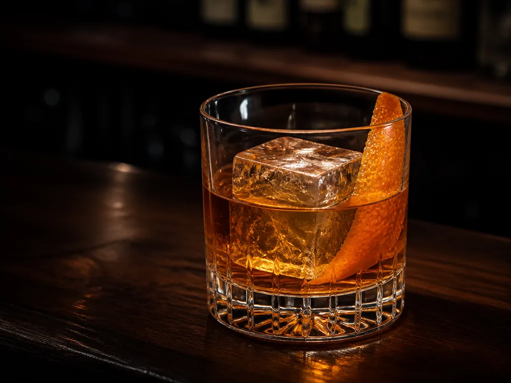 Old Fashioned med stor isbit och apelsintwist i lowballglas