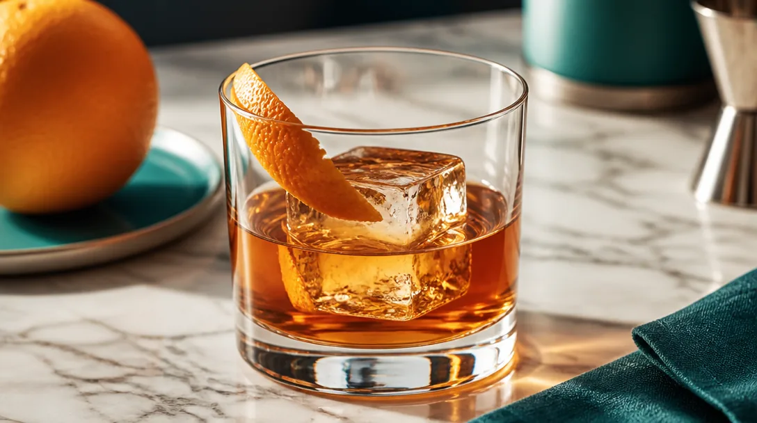 Old Fashioned cocktail i rocks glass med stor isbit och expressat apelsinskal