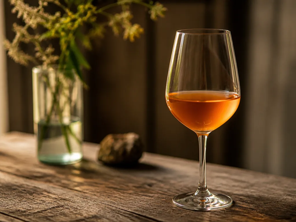 Ett glas bärnstensfärgat orange vin på ett rustikt trebord i varmt ljus