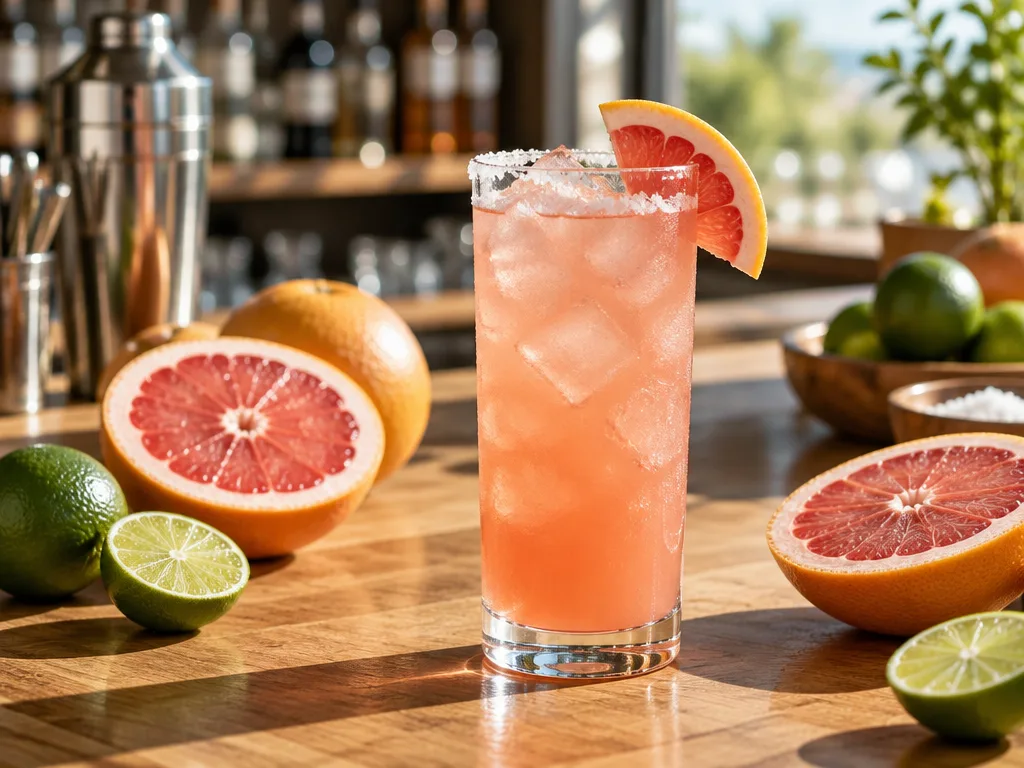 Paloma i ett högt highballglas med is, saltkant och en skiva grapefrukt på en bardisk av trä, omgiven av halverade grapefrukter och limefrukter
