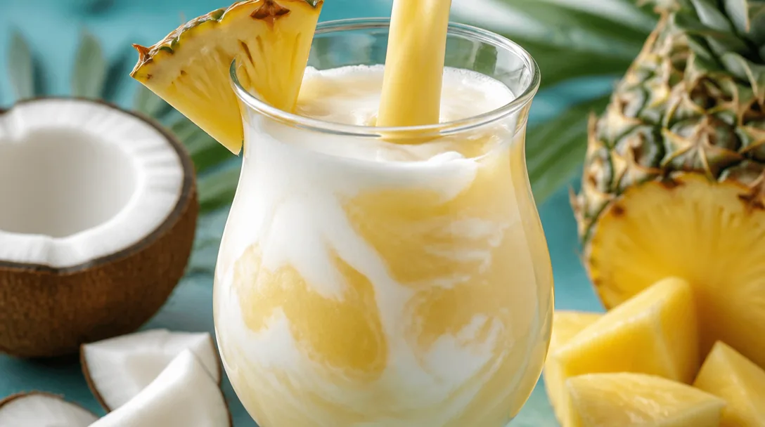 Piña Colada i ett hurricane-glas med ananas och cocktailbär