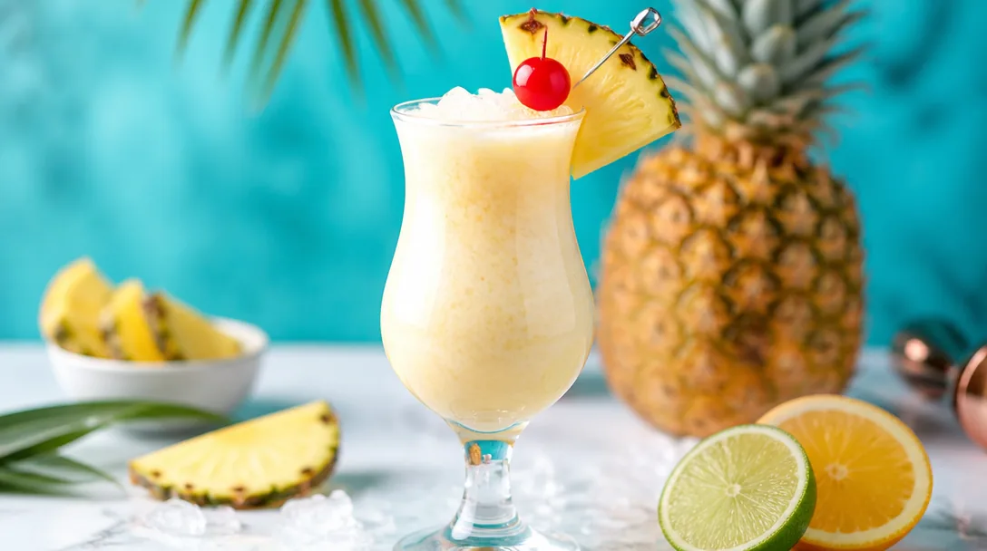 Piña Colada i ett hurricane-glas med ananasskiva, cocktailbär och krossad is
