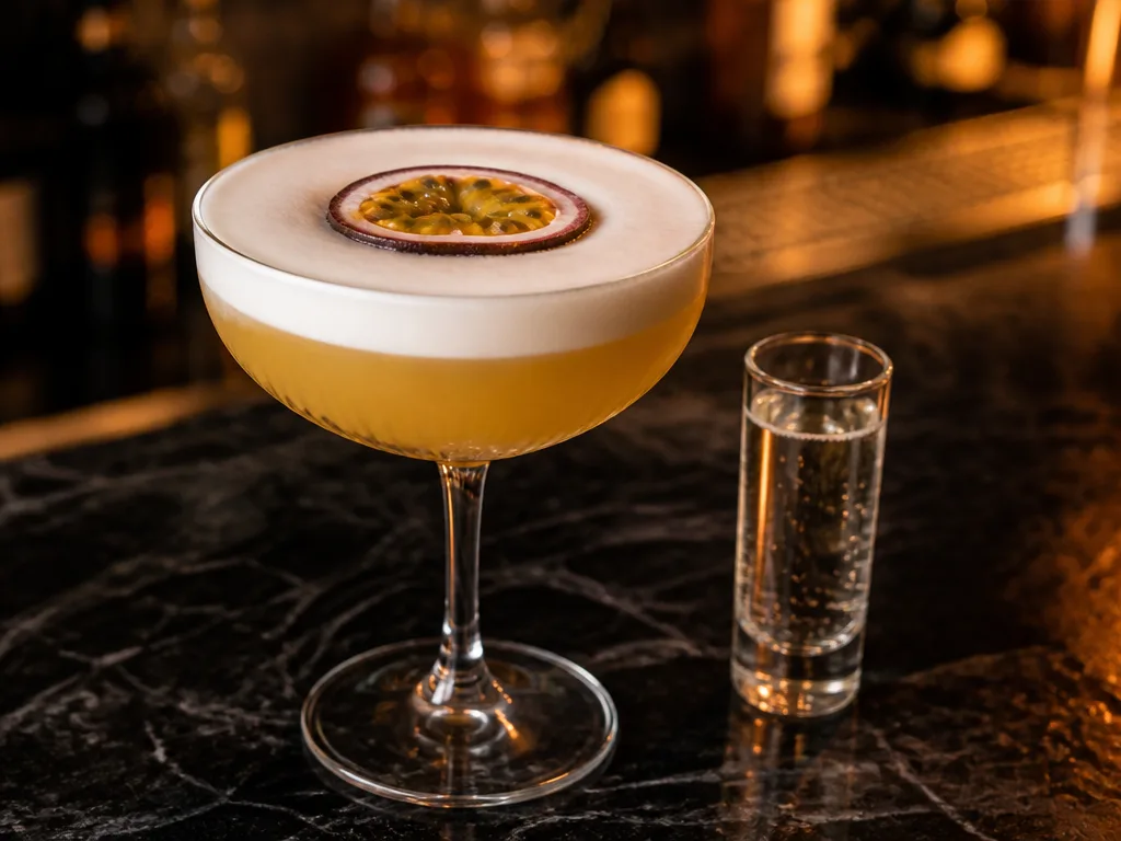 Pornstar Martini i kylt cocktailglas med flytande passionsfruktshalva och en shot prosecco vid sidan