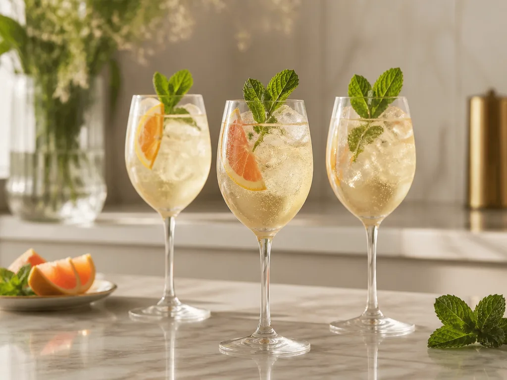 Tre eleganta prosecco-cocktails i höga vinglas med is, mynta och citrusskivor på marmoryta i mjukt naturljus