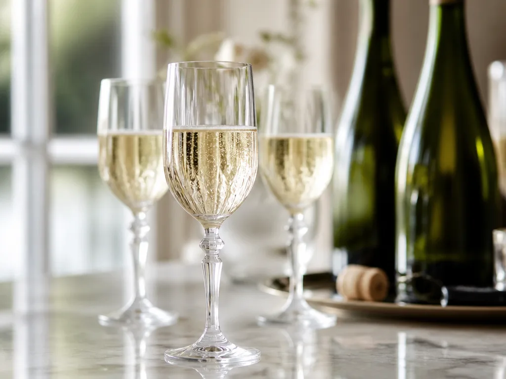 Kylda prosecco-glas i kristall på ett marmorbordet med gröna vinflaskor i bakgrunden