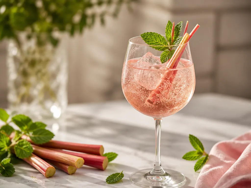 Vinglas med rosa rabarberspritz, isbitar och rabarberstjälk som garnering på marmoryta i mjukt naturljus