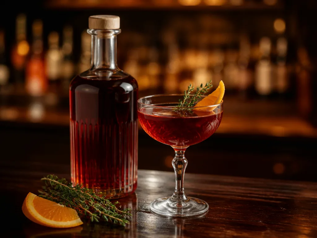 Flaska röd vermouth bredvid en cocktail garnerad med apelsinskal på en mörk bardisk