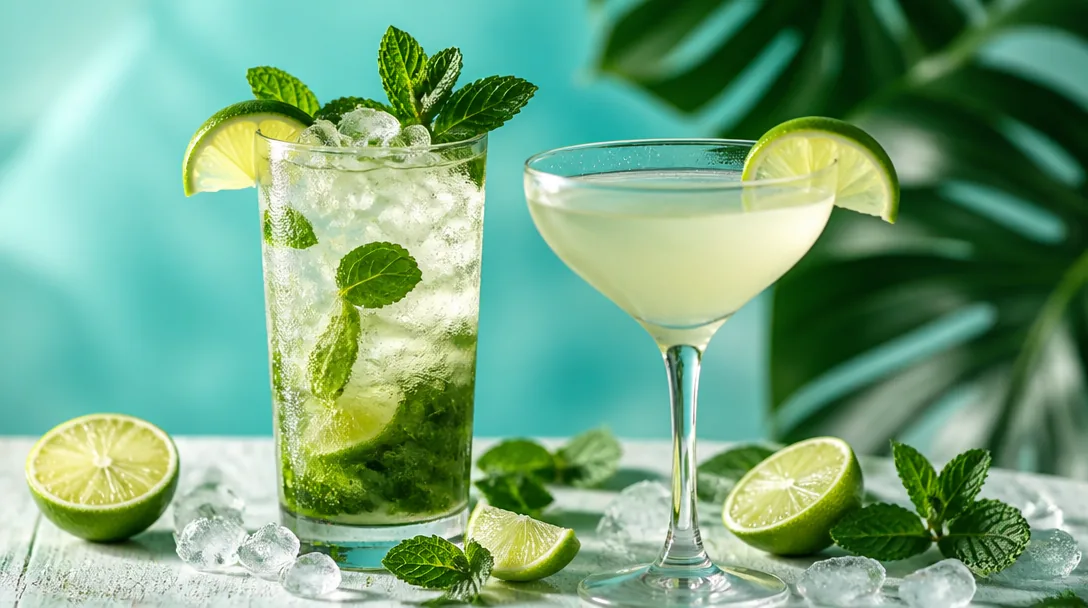 Klassiska romdrinkar med lime och mynta mot ljus tropisk bakgrund