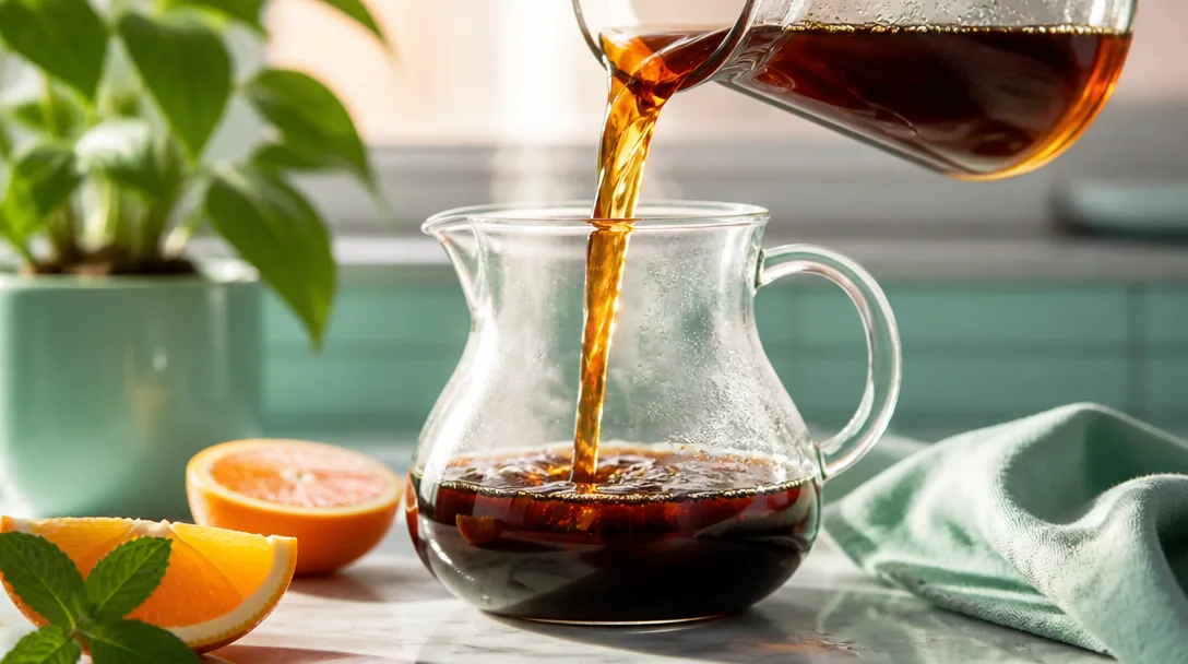 Nybryggt kaffe rinner ner i en glaskanna med ljus bakgrund