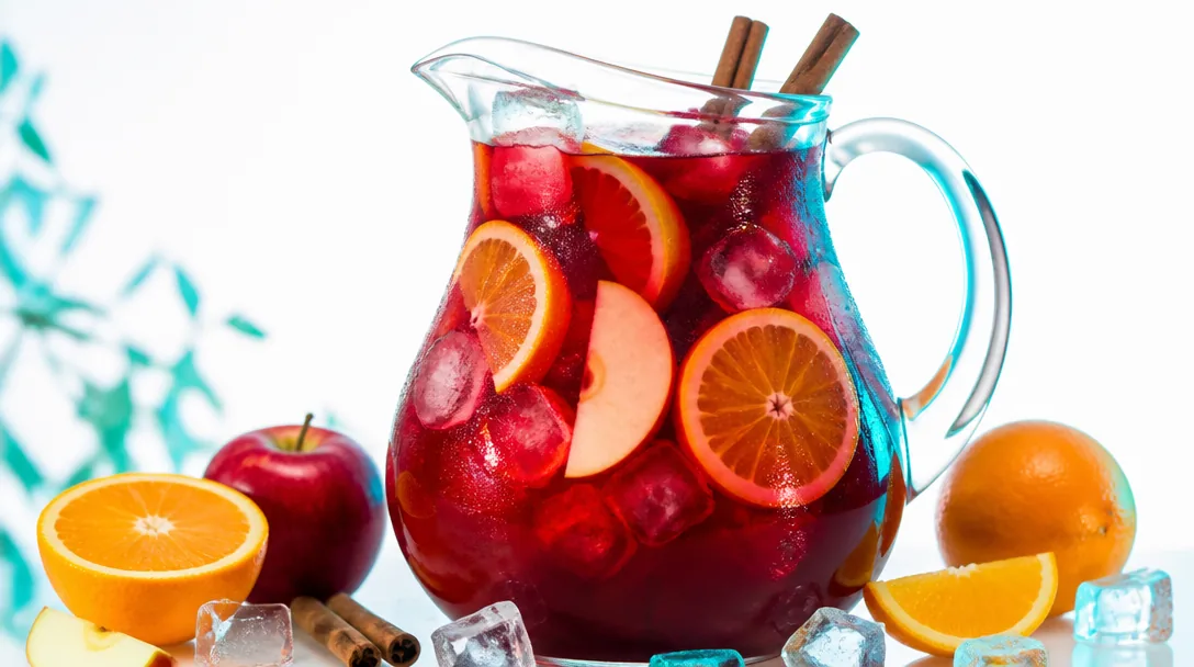 Röd sangria i en glaskanna med apelsinskivor, kanelstänger och is