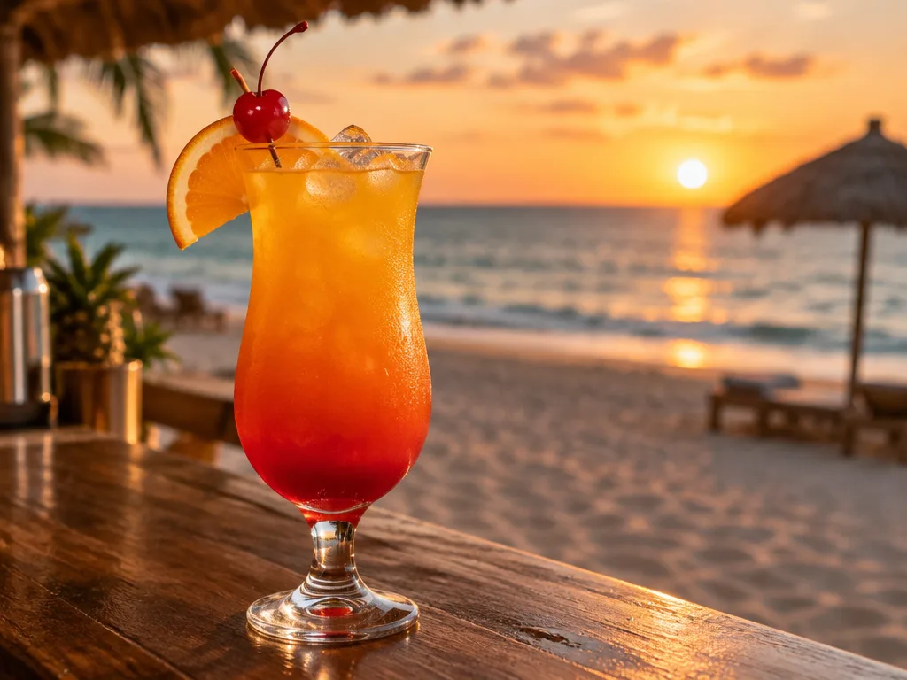 Sex on the beach i ett hurricaneglas med is, orange överdel och röd botten, garnerad med apelsinskiva och rött cocktailbär på en strandbar i solnedgång