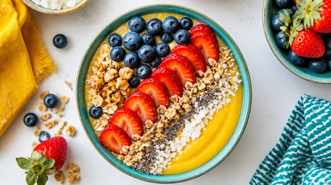 Färgglad smoothie bowl med bär och toppings ovanifrån