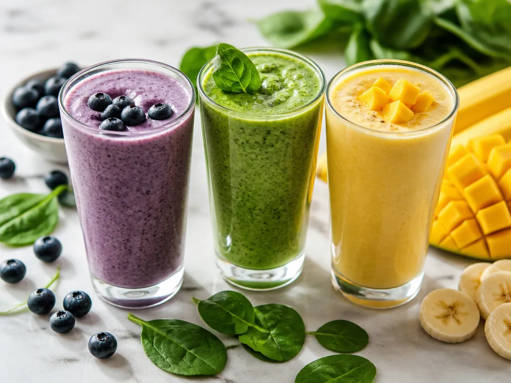 Tre färgglada nyttiga smoothies i höga glas med blåbär, spenat och mango på ljust marmorunderlag
