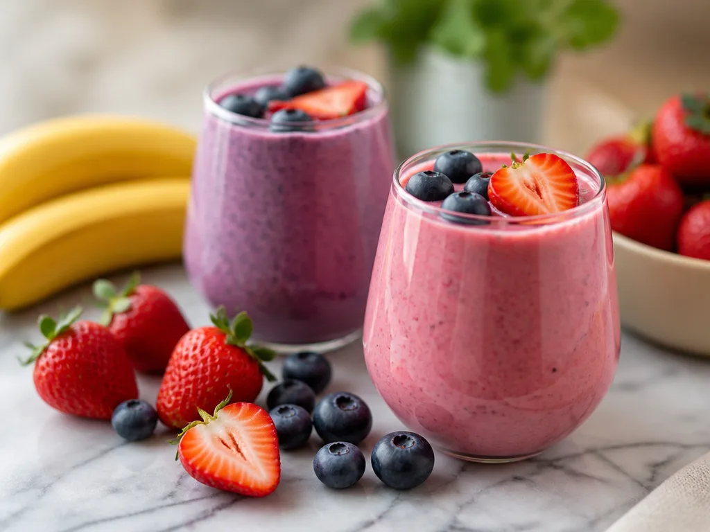 Två färgglada smoothieglas med färska jordgubbar, blåbär och banan på ett marmorunderlag i naturligt ljus