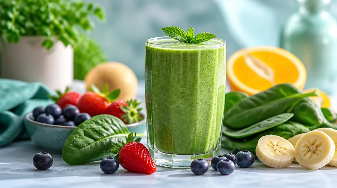 Grön smoothie i ett glas med färsk frukt och bär runt omkring