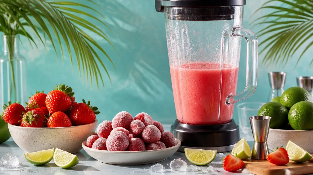 Frozen strawberry daiquiri i cocktailglas med färsk jordgubbe och limeskiva