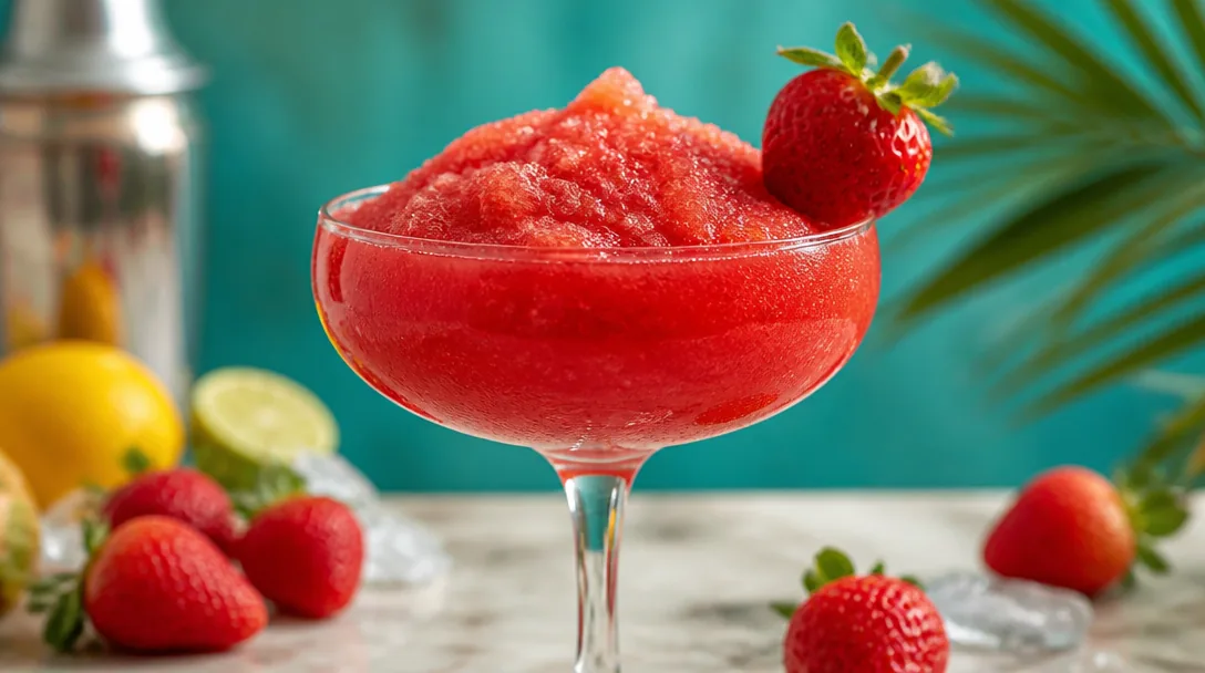 Frozen strawberry daiquiri i cocktailglas med färsk jordgubbe och limeskiva