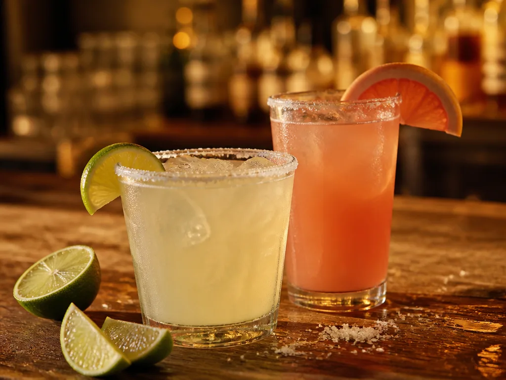 Margarita och Paloma med limeklyftor och saltad glaskant på en rustik bardisk