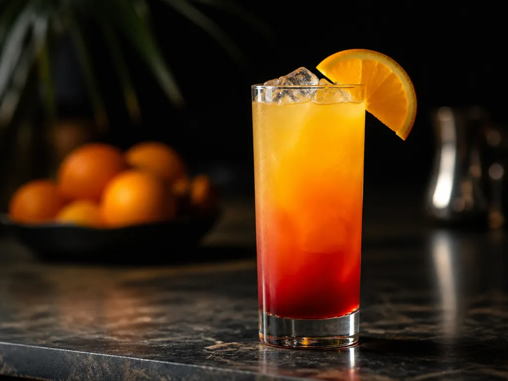 Tequila sunrise i högt glas med synliga lager av grenadine, apelsinjuice och tequila, garnerad med apelsinskiva