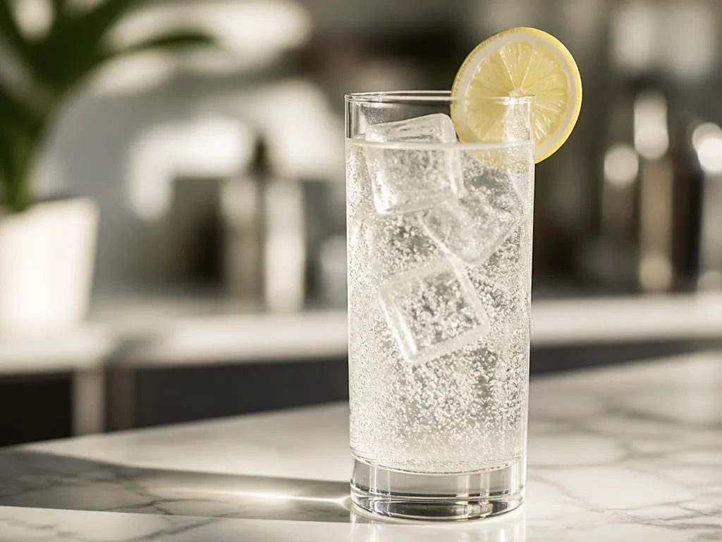Tom Collins i högt highballglas med is, citronskiva och bubblande sodavatten